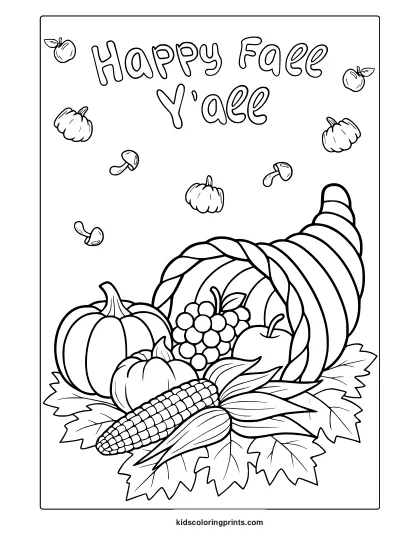 Cornucopia With Pumpkins, Apples, Grapes, And Corn In A Festive Fall Coloring Page.