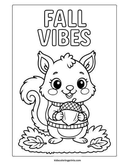 Cartoon Squirrel In A Sweater Holding An Acorn With Leaves In A Fall Vibes Coloring Page.