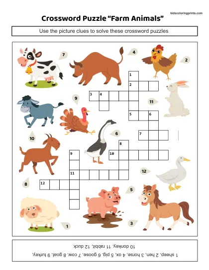 Free Printable Farm Animals Crossword Puzzle With Picture Clues.