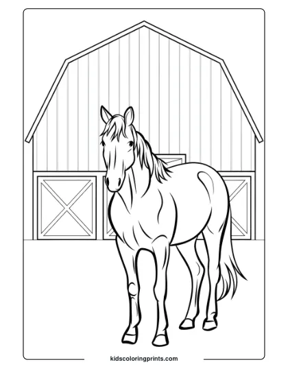 A Farm Horse Near A Barn, Capturing A Rural Theme For A Classic Coloring Page.