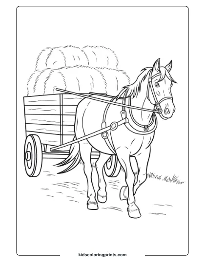 A Detailed Farm Horse Pulling A Hay Wagon, Perfect For A Farm-Themed Coloring Page.