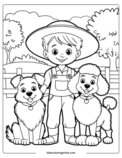 Farmer Boy Standing With Two Dogs Beside Him In An Outdoor Scene In A Dog Coloring Page.