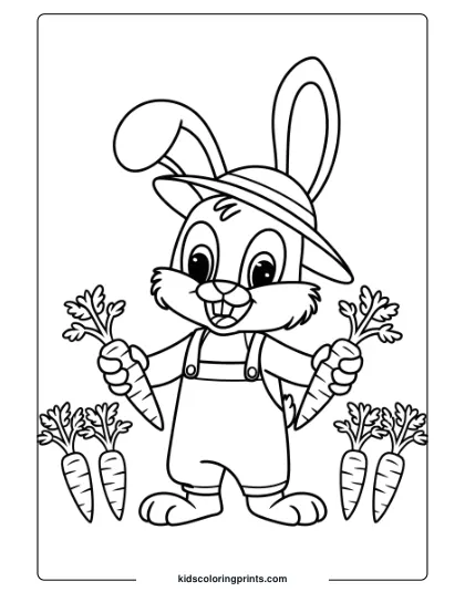 Coloring Page Of A Farmer Bunny Holding Carrots, Perfect For Farm And Garden-Themed Coloring.