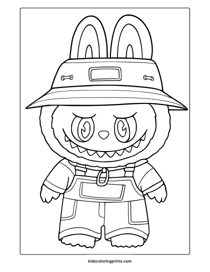 Labubu Wearing A Hat And Farmer Outfit With Confident Smile In This Coloring Page.