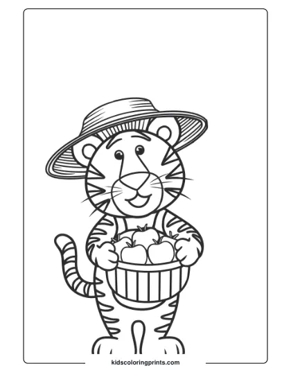 Farmer Tiger Coloring Page With A Tiger In A Straw Hat, Holding A Basket Filled With Apples.
