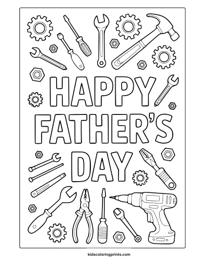 Father’s Day Coloring Page With Tools, Gears, And &Quot;Happy Father’s Day&Quot; In A Mechanical Theme.