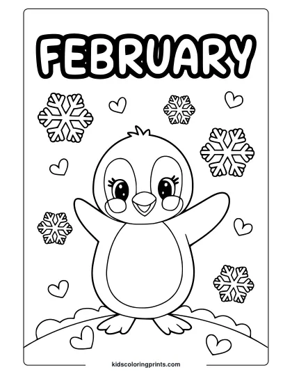 A Penguin Coloring Page With Snowflakes And Hearts, Ideal For Celebrating February.
