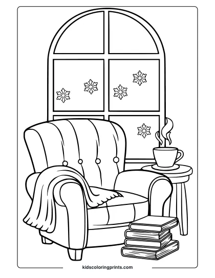 A Cozy February Coloring Page With A Reading Nook And Snowy Winter Scene.