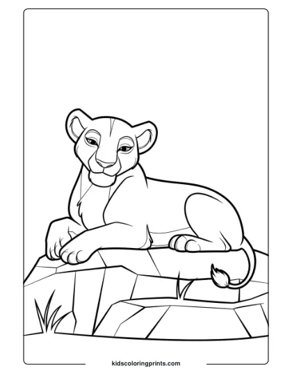 A Young Lioness Sunbathing On A Rock, Creating A Tranquil Scene In This Enjoyable Lion Coloring Page For Kids.