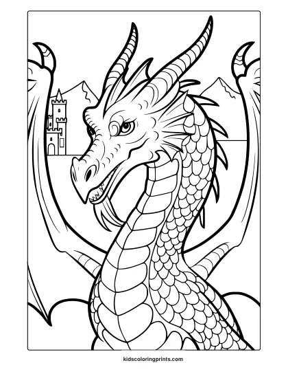 A Fierce-Looking Dragon Coloring Page Featuring A Detailed Dragon With Sharp Horns Flying Over A Fortress.