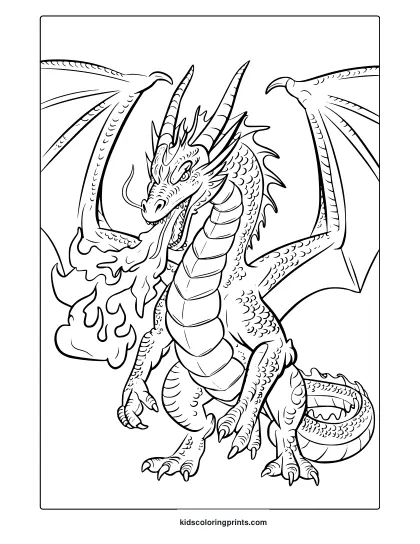 A Fire-Breathing Dragon Coloring Page With A Detailed Dragon Unleashing Flames From Its Mouth In A Dramatic Pose.