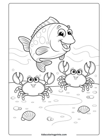 A Striped Fish And Two Playful Crabs Gather On A Beachy Shore, Ideal For A Lively And Detailed Coloring Page.