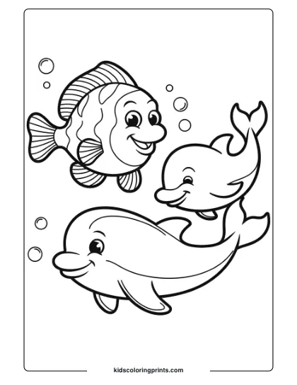 A Fish And Dolphins Play In Deep Blue Waters, Offering A Delightful, Interactive Scene For Coloring.