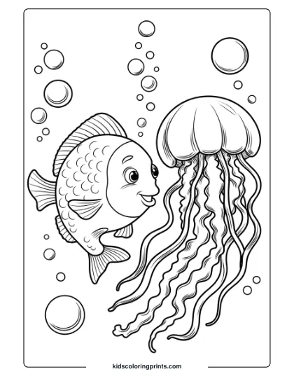 A Fish And Jellyfish Float Together, Creating A Gentle Underwater Scene, Ideal For Relaxing Coloring Fun.