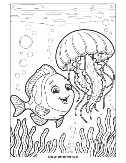 A Fish And Jellyfish Drift Together In Deep Waters, Providing A Serene Ocean Scene With Bubbles For Coloring.