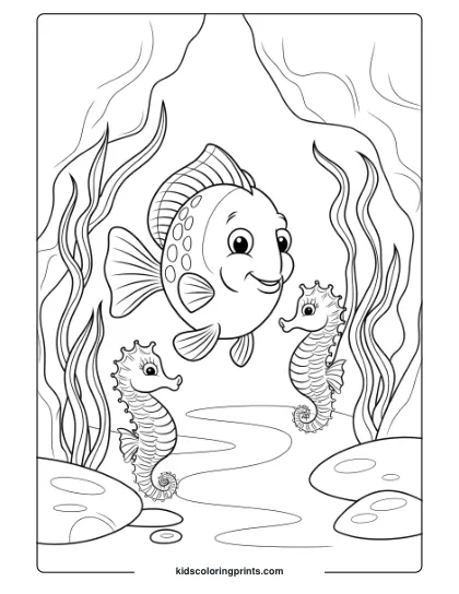 A Fish And Two Seahorses Gather In A Secret Cove, Surrounded By Seaweed, Perfect For Detailed And Imaginative Coloring.