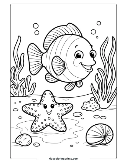 A Friendly Fish And A Starfish Meet In A Sandy Reef, Surrounded By Small Shells, Perfect For A Beachy Coloring Page.