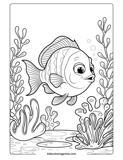 A Colorful Fish Glides Through Enchanted Waters, Surrounded By Corals And Plants For A Fantasy-Inspired Coloring Scene.