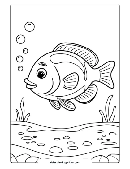 A Fish Glides In Crystal-Clear Water With Bubbles And Stones, Creating A Serene, Clean Coloring Scene.