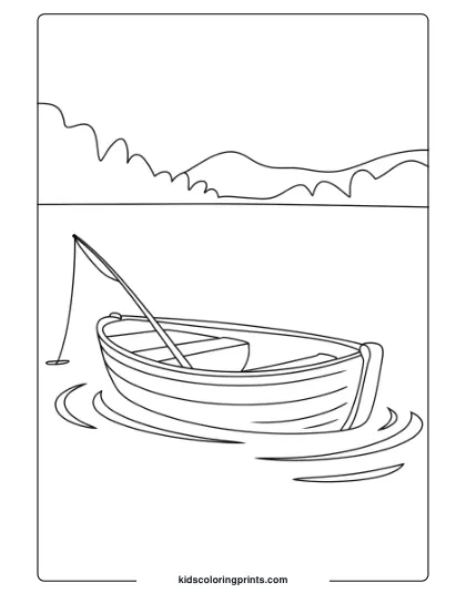 A Peaceful Boat Rests On A Lake, With Soft Waves And Distant Hills For A Tranquil Coloring Experience.