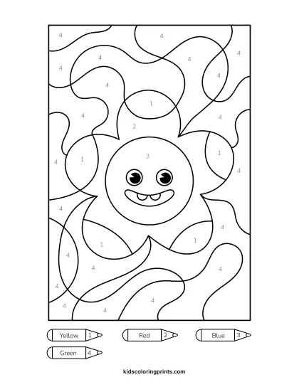 Flower Color By Number Coloring Page With A Single Floral Bloom And Wide Rounded Petals For Easy Coloring.