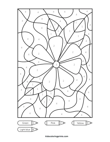Flower Color By Number Coloring Page Featuring A Round Blooming Flower With Soft Petal Layers And Central Details.