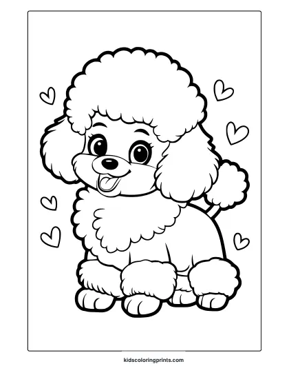 A Curly-Haired Poodle Puppy With Hearts. A Fun And Adorable Poodle Puppy Coloring Page For Dog Lovers.