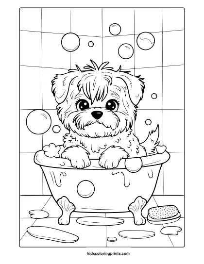 A Fluffy Puppy In A Bathtub With Bubbles. A Fun Bath Time Puppy Coloring Page For Kids.