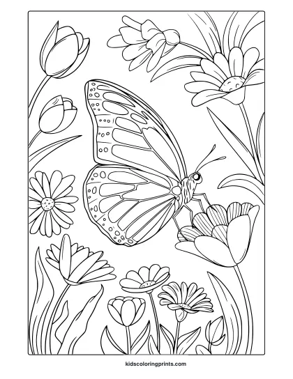 Spring Butterfly Coloring Page With A Detailed Butterfly On A Flower, Ideal For An Artistic And Relaxing Coloring Activity.