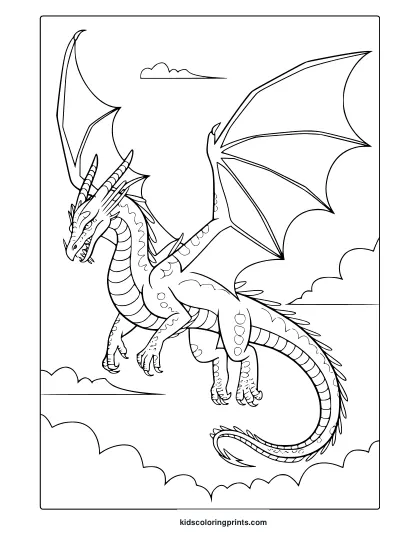 A Flying Dragon Coloring Page Featuring A Majestic Dragon With Large Wings Gliding Through The Clouds.