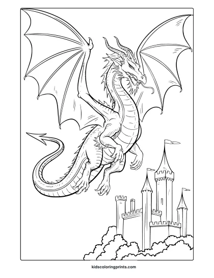 A Dragon Coloring Page With A Flying Dragon Above A Castle, Creating A Dramatic Fantasy Scene.