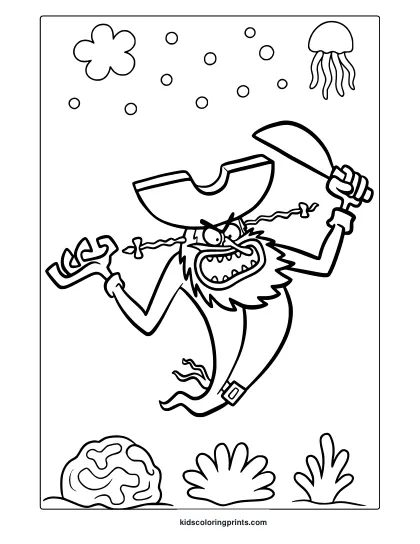 Flying Dutchman In An Action-Filled Pirate-Themed Underwater Coloring Page With Sword And Coral.