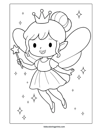 Flying Fairy Coloring Page With Crown, Wand, And Cheerful Magical Style.