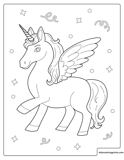 Unicorn Coloring Page Showing A Winged Unicorn Surrounded By Stars And Ribbons.