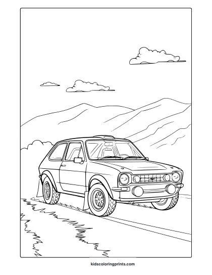 A Ford Rally Car On A Road With Mountains, A Fast-Paced Ford Rally Car Coloring Page.