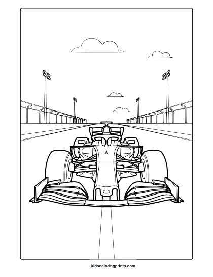 A Formula 1 Race Car On A Track With Floodlights, A Thrilling Formula 1 Car Coloring Page.