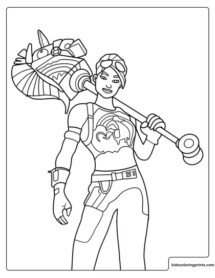 Fortnite Brite Bomber Coloring Page Holding Unicorn Pickaxe On Shoulder