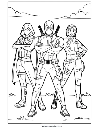 Fortnite Deadpool Coloring Page Featuring Deadpool And Companions In Their Distinctive Outfits, Perfect For Fortnite Fans To Color.