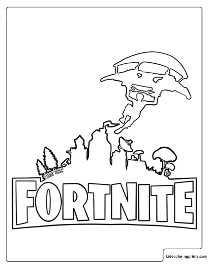 Fortnite Logo Design Coloring Page With Island Silhouette And Glider