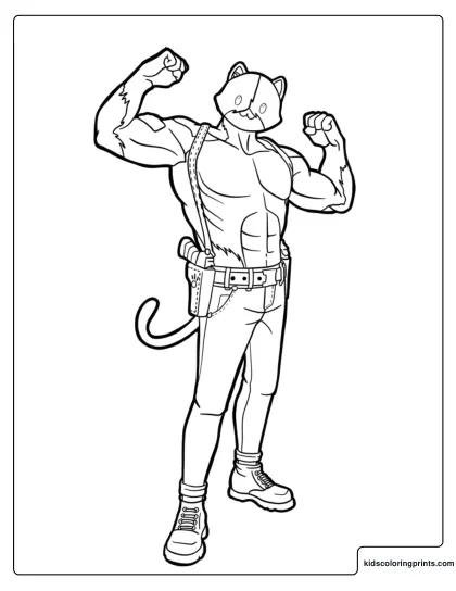 Fortnite Meowscles Skin Coloring Page With Muscular Cat Character And Flexing Arms