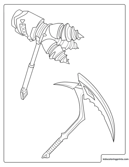 Fortnite Rockbreaker And Crimson Scythe Coloring Page With Drill Hammer And Curved Scythe