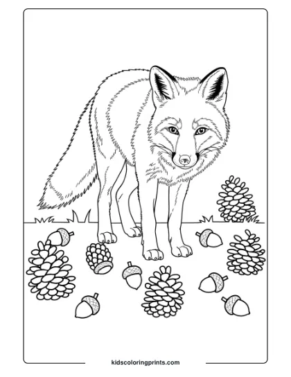 Fox Coloring Page Of A Fox Standing Among Pinecones And Acorns, Perfect For Creating A Cozy, Nature-Inspired Scene.
