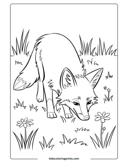Fox Coloring Page Of A Fox In A Grassy Meadow At Dawn, With Flowers And Plants Creating A Peaceful Outdoor Setting.
