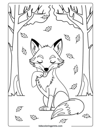 Fox Coloring Page Of A Fox Resting Under Autumn Trees, With Scattered Leaves Creating A Tranquil, Seasonal Scene.