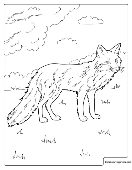 Fox Coloring Page Showing A Fluffy Fox Standing In A Forest With Trees And Clouds.