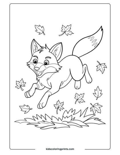 Fox Coloring Page Of A Fox Jumping Through Scattered Fall Leaves, Capturing The Vibrant Joy Of Autumn In The Forest.