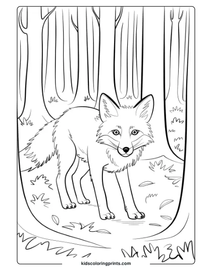 Fox Coloring Page Featuring A Fox In A Foggy Forest, Surrounded By Trees, Creating A Peaceful Yet Mysterious Coloring Scene.