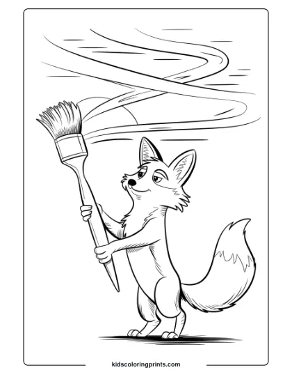 Fox Coloring Page Showing A Fox Painting The Sky, With Swirls Representing The Sunset, Perfect For Imaginative Coloring.