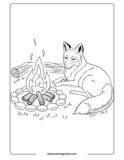 Fox Coloring Page With A Fox Beside A Campfire In The Woods, Perfect For An Outdoor, Comforting Coloring Activity.