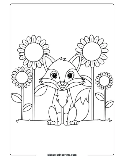Fox Coloring Page Featuring A Fox With Sunflowers Around, Perfect For A Bright, Nature-Inspired Coloring Activity.